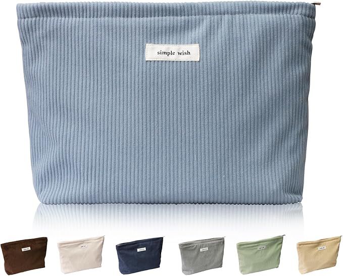 Wudygirl Makeup Bag,Portable Cosmetic Travel Bag for Women and Girls,Large Capacity Corduroy Travel Toiletry Bag(Light Blue)