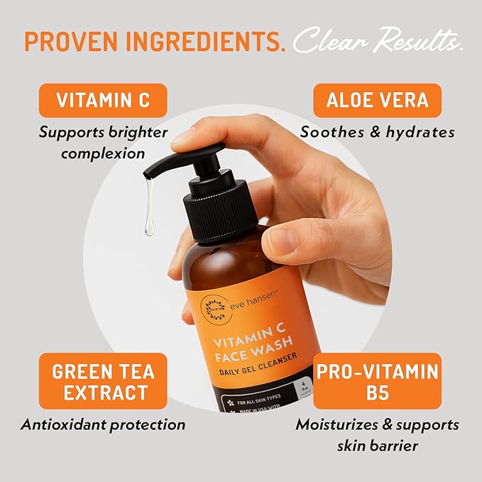 Vitamin C Cleanser Face Wash | Anti Aging Facial Cleanser for Fine Lines, Age Spots, Dark Circles | Cruelty Free Skin Care Cleansing Gel with Aloe Vera, Vitamin E (4 oz)