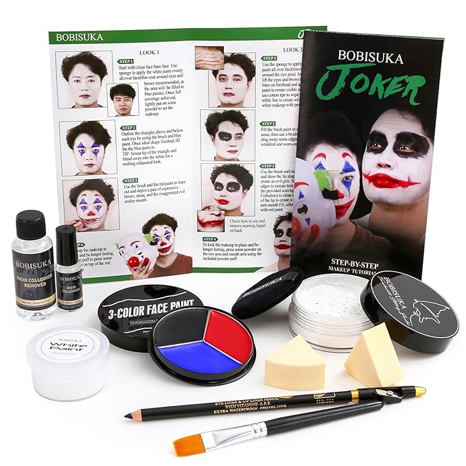 Halloween Joker/Clown Makeup, Complete Joker/Clown Makeup Kit Face Paint SFX Character Set, Professional Joker Make Up Kits for Art Costume, Dress-Up Party, Cosplay, Stage & Film