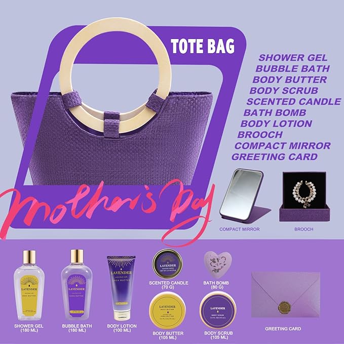 Spa Luxetique Gift Baskets for Women, Mothers Day Gifts for Mom, 11pcs Lavender Sets, Relaxing Bath Sets for Women