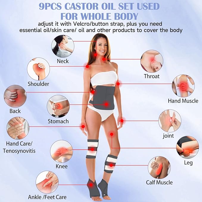 Castor Oil Pack Wrap, 9 Pcs Organic Castor Oil Packs Kit for Entire Body Neck Shoulder Waist Back Hand Knee Leg and Feet, Reusable Pads Kit for Hot/Cold Castor Oil Compress for Woman/Man【Grey】