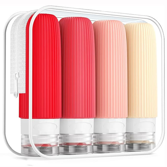 Travel Bottles for Toiletries, Tsa Approved 3oz Portable Travel Bottles, BPA Free Leak Proof Squeezable Silicone Travel Size Containers, Travel Accessories with Clear Toiletry Bag (4 Pack)