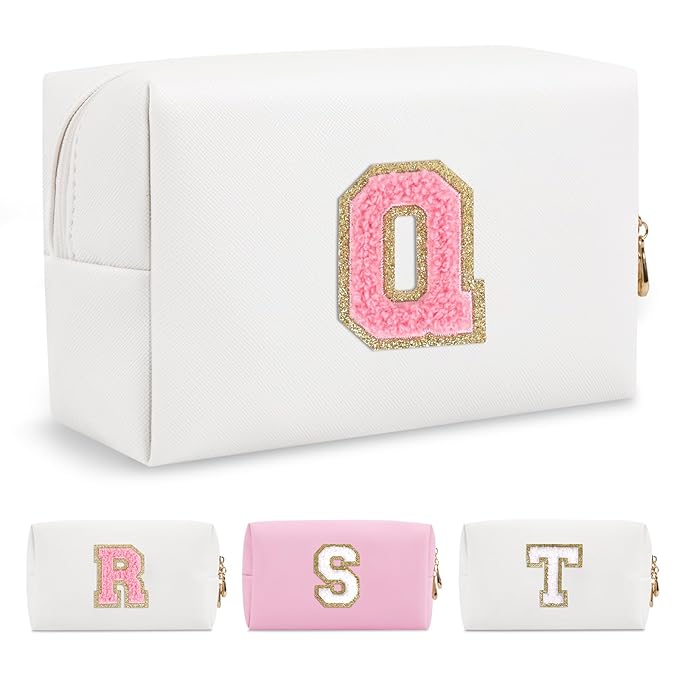 Personalized Makeup Bag Initial A-Z Preppy Patch Bag,Small PU Leather Travel Cosmetic Bag Pouch with Zipper,White Cute Toiletry Bag,Gift Ideal for Teen Girls Women Birthday Friend Mom,Letter Q