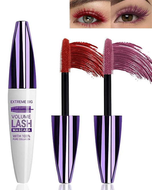 5D Burgundy Bright Red Mascara for Eyelashes-2Pcs Longlasting Waterproof Smudgeproof Colored Mascara Volume and Length,Volumizing Curling Lashes rimel de pestañas,Christmas Makeup Gift for Women