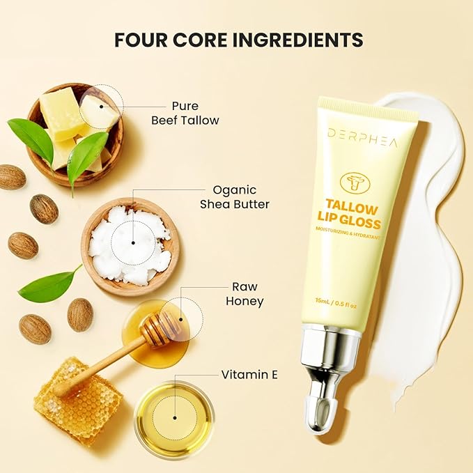 Organic Beef Tallow Lip Balm – 8H Moisturizing for Dry Lips, Glossy Shine & Soft Lips - Overnight Lip Mask & Daytime Moisturizer with Shea Butter & Vitamin E, 2 Tubes