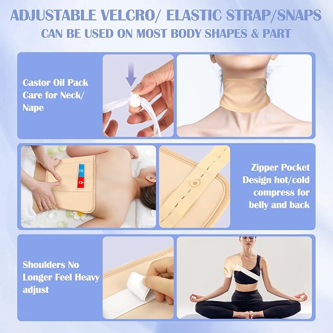 Castor Oil Pack Wrap, 9 Pcs Organic Castor Oil Packs Kit for Neck Shoulder Waist Back Hand Knee Leg and Feet, Castor Oil Patches Reusable Pads Kit for Hot/Cold Oil Wrap Compress for Woman/Man【Khaki】