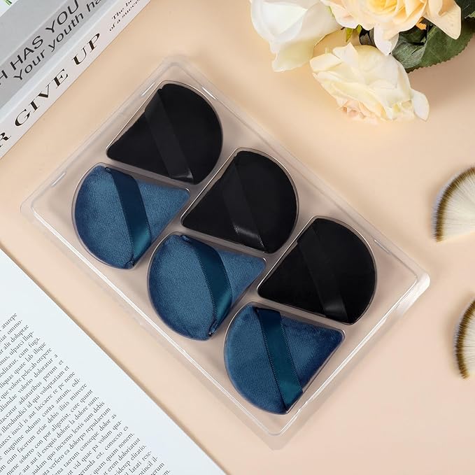 Pimoys 6 Pieces Powder Puff Face Triangle Makeup Puff for Loose Powder Setting Powder Soft Foundation Sponge Makeup Blender Sponge Beauty Makeup Tool, Black and Peacock Blue