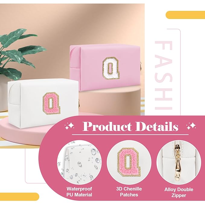 Personalized Makeup Bag Initial A-Z Preppy Patch Bag,Small PU Leather Travel Cosmetic Bag Pouch with Zipper,White Cute Toiletry Bag,Gift Ideal for Teen Girls Women Birthday Friend Mom,Letter Q