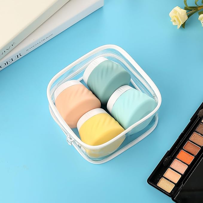 Gemice Silicone Cream Jars TSA Approved Travel Size Containers with Toiletry Bag, Wide Mouth Leak-proof Travel Accessories with Lid for Cosmetic Cream (4 Pack)