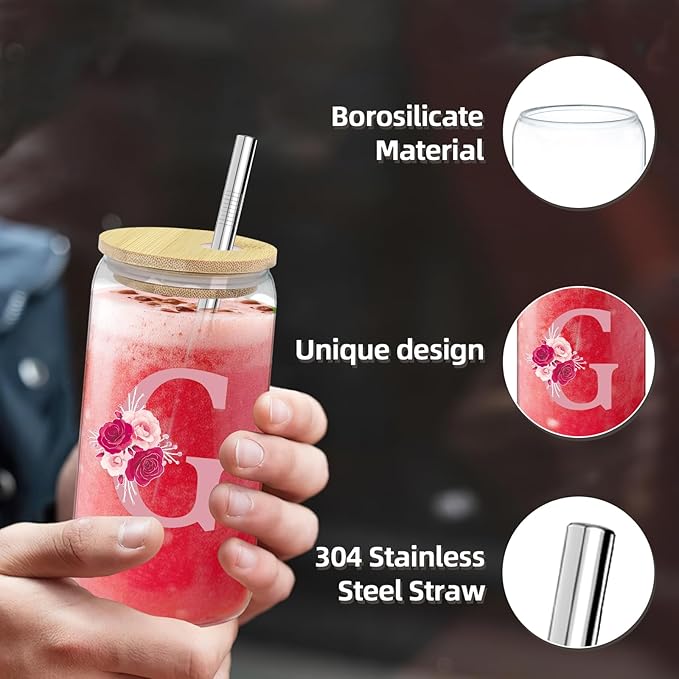 Monogrammed Gifts for Women,Personalized Gift for Women,Initial Canvas Tote Bag,16oz Initial Glass Cup,Makeup Bag for Sister,Jewelry Organizer Box,Birthday Gifts for Aunt Niece-G