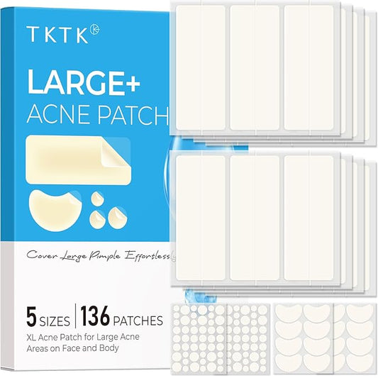 TKTK Large Pimple Patches for Face, 68 x 27 mm XL Hydrocolloid Bandages, Big Acne Patches for Body, Forehead, Chin, Nose, Chest and Back Blemish Zit Breakouts (Strip, Contoured, Dot 5 Sizes 136 Count)