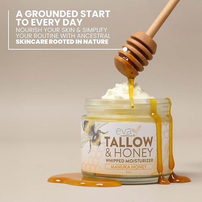 Eva Naturals Whipped Beef Tallow for Skin with Manuka Honey Moisturizer – Balm for Face – Moisturizing Cream for Soft, Smooth Skin - 2oz