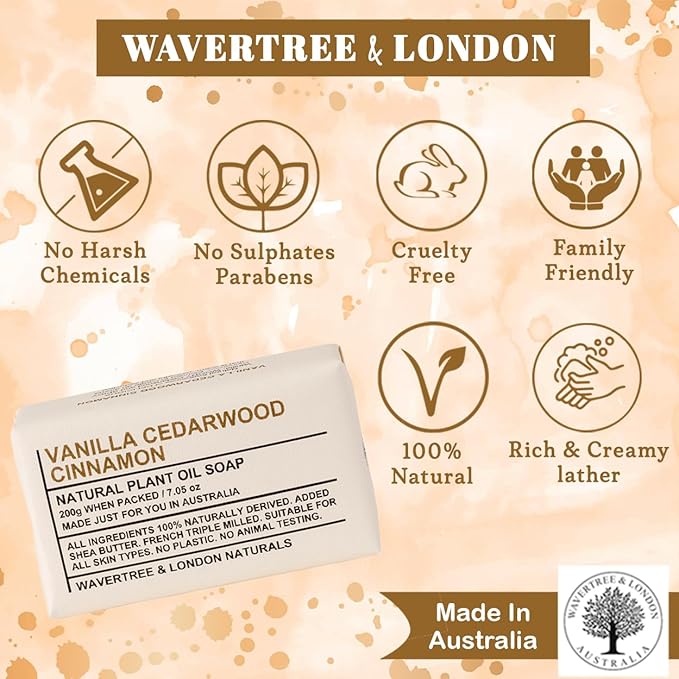 Wavertree & London Vanilla Cedarwood Scented Natural Soap Bars (2 Bars), 7oz Moisturizing French Triple Milled Soap enriched with shea butter - Plant Oil Bath & Body Soap Bars [100% Naturally derived]