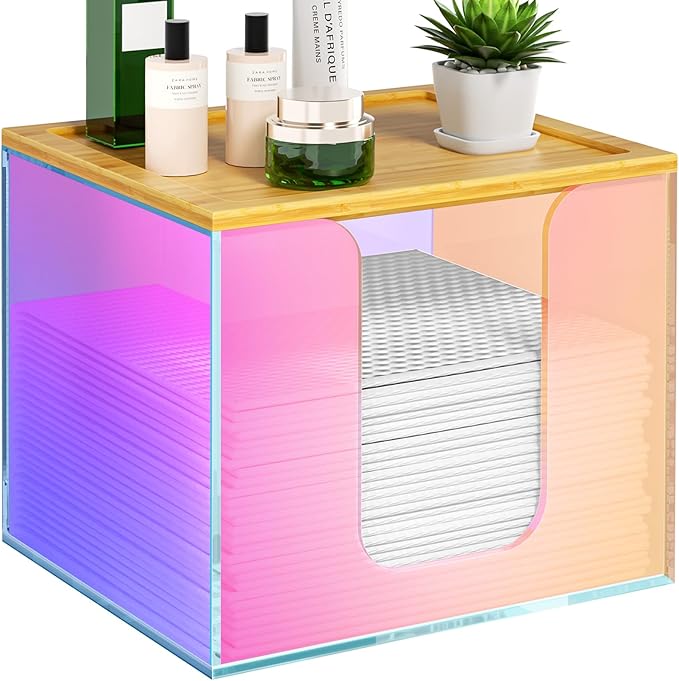 VITVITI Disposable Face Towel Holder Box, Acrylic Facial Towel Container for XL Clean Skin Club, Large Disposable Face Towels Storage with Bamboo Lid, for Bathroom, Vanity Makeup, Rainbow