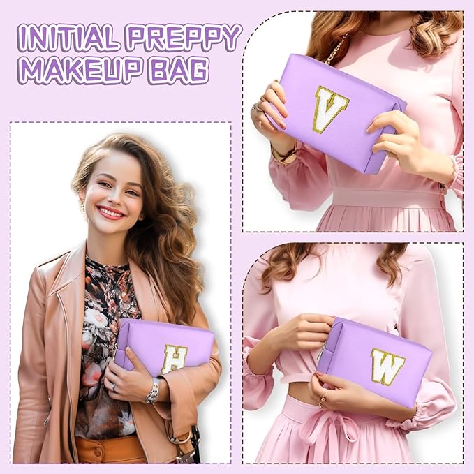 TOPEAST Travel Makeup Bag, Personalized Initial Toiletry Bag w Zipper, Cute Makeup Pouch, PU Leather Waterproof Cosmetic Bag, Birthday Gift for Daughter, Preppy Things for Girls (Purple G)