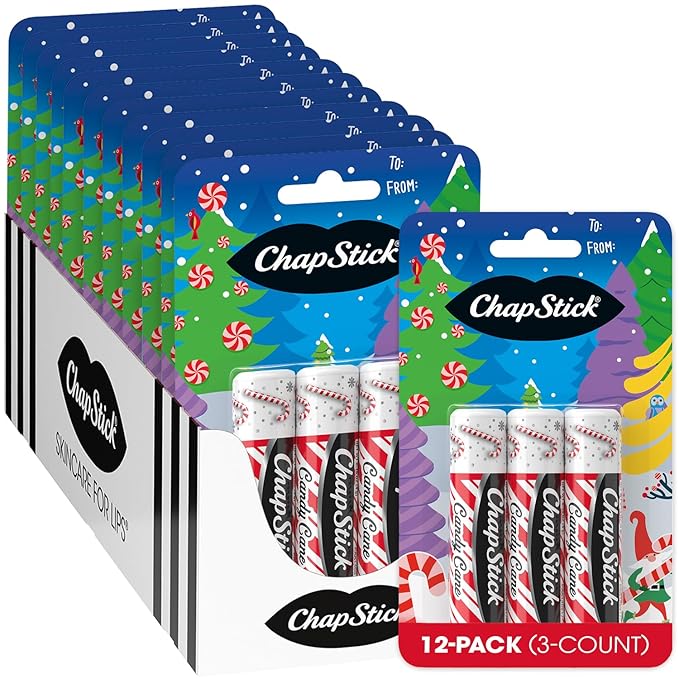 ChapStick Bulk Lip Balm, Candy Cane, 36-Count (12 Packs of 3) – Fresh & Minty Lip Moisturizer, Stocking Stuffer, 0.15 Oz Ea
