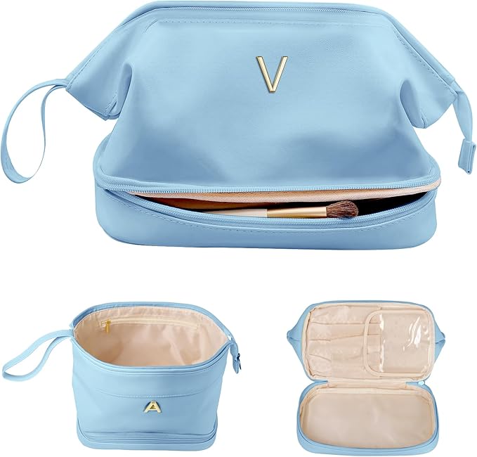 Bridesmaid Gifts for Women, Initial Makeup Bag, Personalized Double Layer Cosmetic Bag with Makeup Brush Organizer, Large Capacity PU Leather Travel Toiletry Bag, Personalized Teacher Gifts