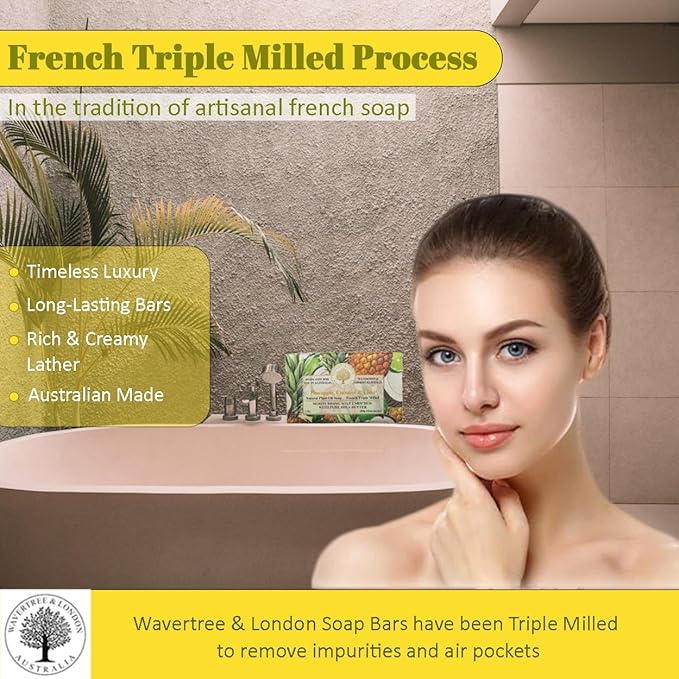 Wavertree & London Pineapple, Coconut & Lime Scented Natural Soap (2 Bars), 7oz Moisturizing French Triple Milled Soap Bars enriched with shea butter - Pure Plant Oil Bath & Body Soap Bars