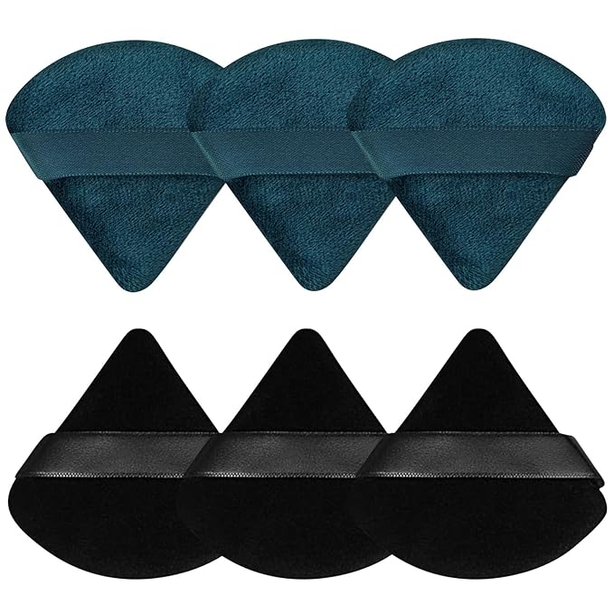 Pimoys 6 Pieces Powder Puff Face Triangle Makeup Puff for Loose Powder Setting Powder Soft Foundation Sponge Makeup Blender Sponge Beauty Makeup Tool, Black and Peacock Blue
