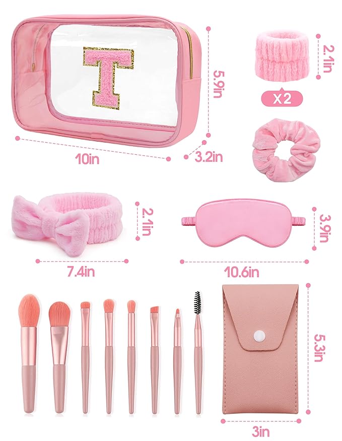 Gift Sets for Women, Initial Makeup Bag with Makeup Brush Set Bachelorette Party Favors, Pink Spa Kit with Skincare Headbands Wrist Bands Sleepover Party Supplies Gifts for Teen Girls Bridesmaid T