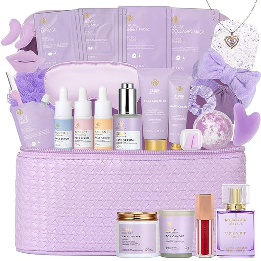 Lavender 33 Pcs Spa Bath & Body Gift Set, Face Sheet Mask Skin Care for Women, Hydrogel Mask, Lip Gloss, Cosmetic Bag, Face Serum, Necklace, Cleanser, Gua Sha, Christmas, Mother Day, Anniversary