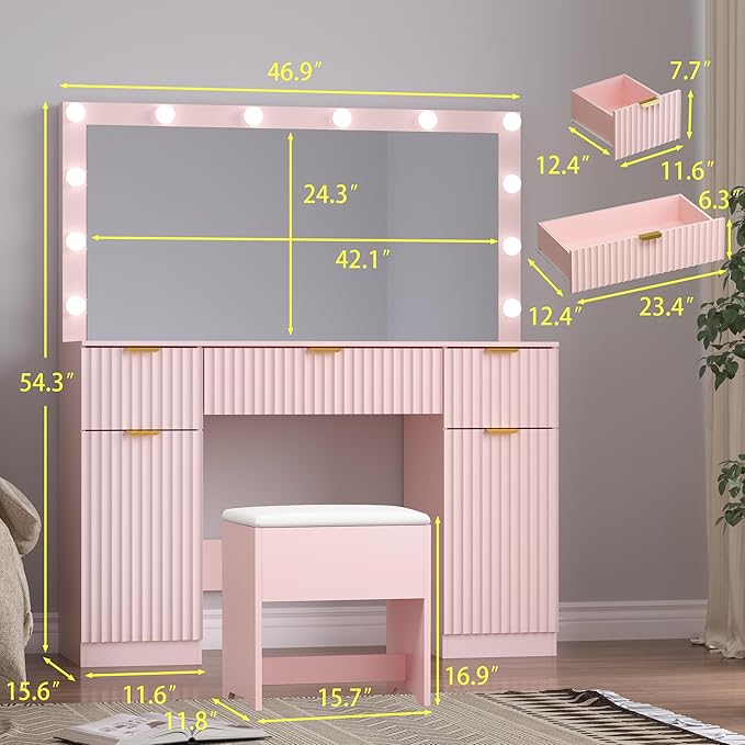 Fluted Makeup Vanity with Large Lighted Mirror and Chair, 7 Drawer Dressing Table with Power Outlet and USB, Elegant Vanity Desk with Cushioned Stool for Bedroom, Women, Girls