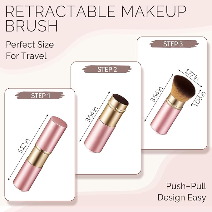 Retractable Kabuki Makeup Brush - Portable Travel Face Brush with Cover, Soft Synthetic Bristles for Blush, Bronzer, Powder, Foundation & Sunscreen, Flawless Application On-the-Go (Rose gold)