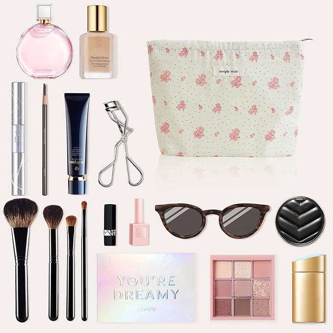 Wudygirl Cute Makeup Bag for Women - Travel Cosmetic Bag with Zipper Makeup Pouch Floral Make up Organizer Handbag Aesthetic (Pink Floral)