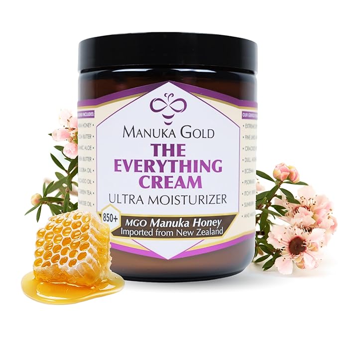 Manuka Gold The Everything Cream - Honey Manuka Cream in Glass Jar with Nourishing Oils for Dry skin - Hydrating Face Moisturizer with Aloe, Shea & Coconut 4 Fl Oz