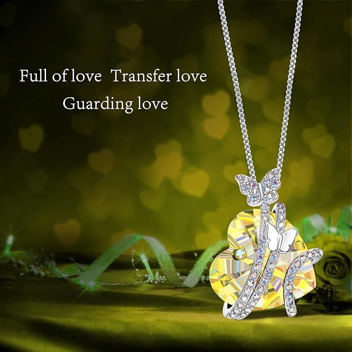 ASELFAD Butterfly Love Heart Pendant Necklace with Crystals, Anniversary Birthday Jewelry for Women Mom Grandma Wife Girlfriend