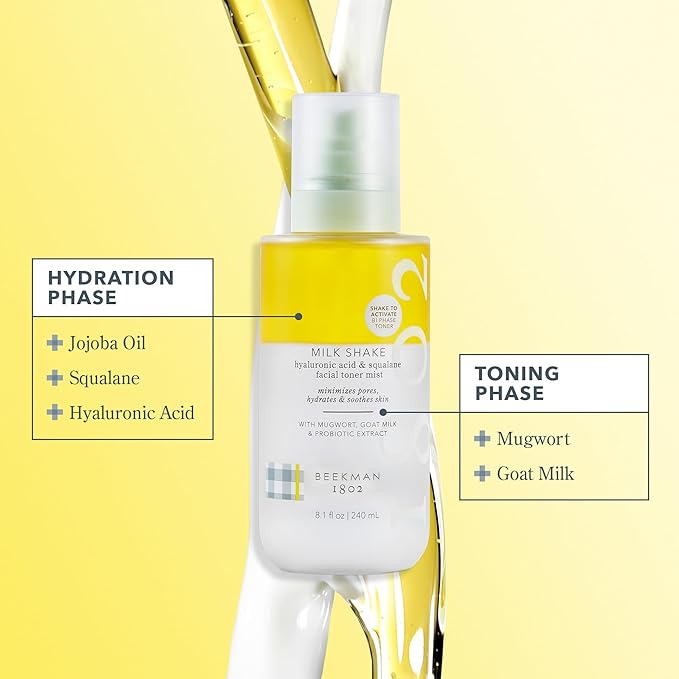 Beekman 1802 Milk Shake Mini Hydrating Face Mist - Hyaluronic Acid & Squalane Facial Mist Minimizes Pores & Gently Moisturizes, Goat Milk Skin Toner Spray, Lightweight, Fragrance Free, Travel Size