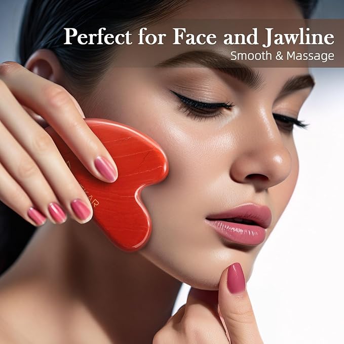 BESKAR Gua Sha Facial Tools, Natural Jade Stone Guasha Massager for Jawline Sculpting, Tighten Face Skin and Reduce Wrinkles, Face Eyes Body Neck Massage Tool, Skin Care Gift (Red)