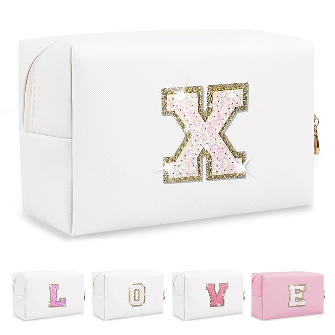 Small Initial Patch Makeup Bag Personalized Gifts Make Up Bag,White Cute PU Leather Glitter Letter Cosmetic Bag with Zipper,Trendy Portable Travel Toiletry Pouch,Preppy Stuff for Teen Girls Women X