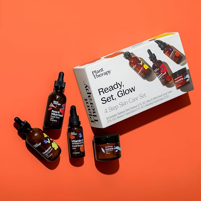 Plant Therapy Ready, Set, Glow- 4 Step Skin Care Set Includes Radiance Gel-Cream Cleanser, Rose & Witch Hazel Facial Toner, Vitamin C with Hyaluronic Acid Facial Serum & Hydrating Facial Cream