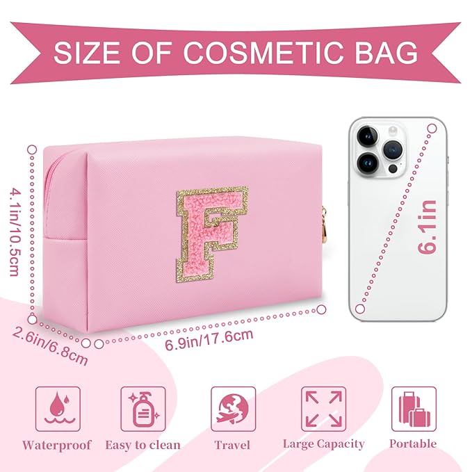 Personalized Initial A-Z Preppy Patch Makeup Bag,Small PU Leather Chenille Letter Cosmetic Bag with Zipper for Teen Girls,Pink Cute Travel Toiletry Bag,Birthday Monogrammed Gift for Daughter,Letter F