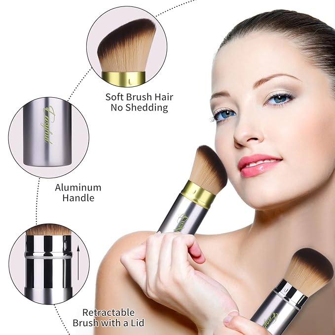 Retractable Kabuki Makeup Brushes 2 Pcs Blush Brushes Set Portable Powder Brushes with Flat and Angled Top for Liquid Cream Cosmetics Travel. (Silver Green)