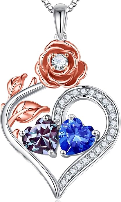 Iefil Rose Heart Birthstone Necklaces for Women - 925 Sterling Silver Double Birthstone Necklace, Anniversary Birthday Gifts for Women, Jewelry Gifts for Wife Her