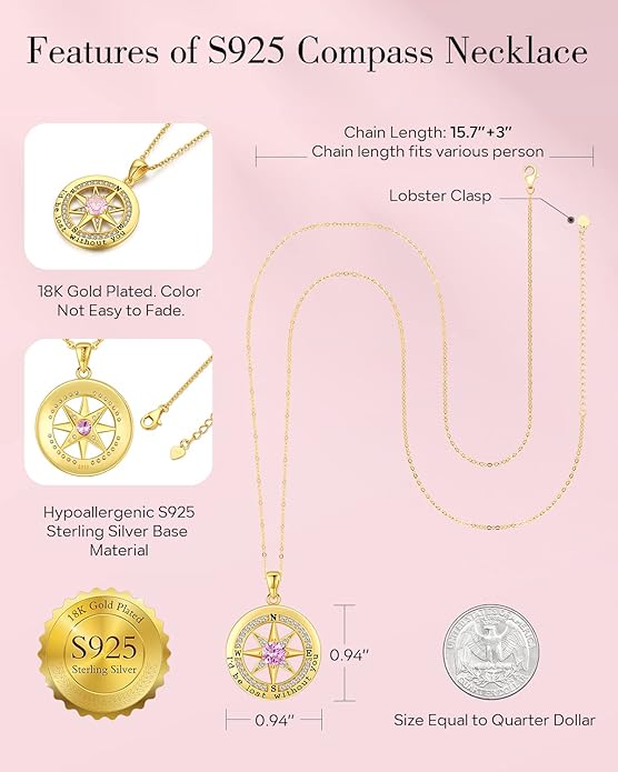 S925 Necklace Gift for Wife |Compass Jewelry |Women Anniversary |Sterling Silver |Girlfriend Birthday Gifts for Her Valentines |I'd be Lost without You |Jewel 18K Gold