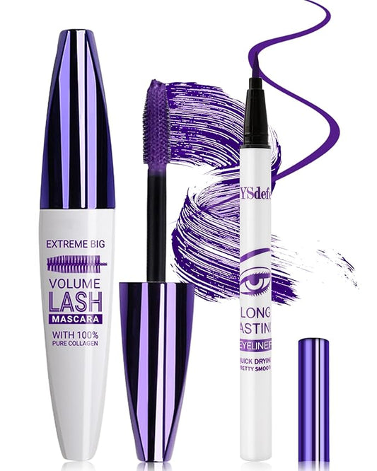 Purple Mascara Liquid Eyeliner Set, Update Longlasting Waterproof Color Eye Liner Pen, 5D Silk Fiber Colored Mascara Volume and Length, Christmas Party Stage Use Eye Makeup Gift Kit for Women Girl-05