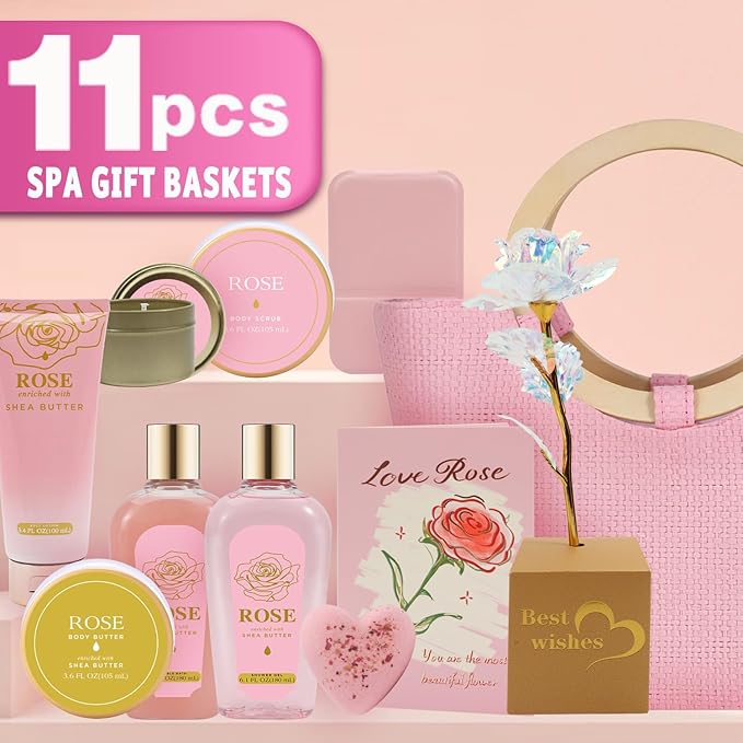 Spa Luxetique Gift Baskets for Women, Mothers Day Gifts for Mom, 11pcs Rose Sets, Relaxing Bath Sets for Women