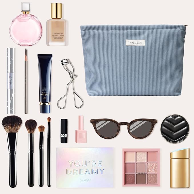 Wudygirl Makeup Bag,Portable Cosmetic Travel Bag for Women and Girls,Large Capacity Corduroy Travel Toiletry Bag(Light Blue)