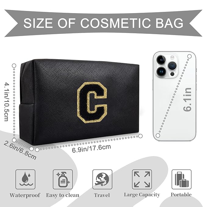 Personalized Initial A-Z Preppy Patch Makeup Bag,Small PU Chenille Letter Cosmetic Bag with Zipper for Teen Girls,Black Cute Toiletry Organizer Bag,Monogram Makeup Case Gift for Women Girls,Letter C