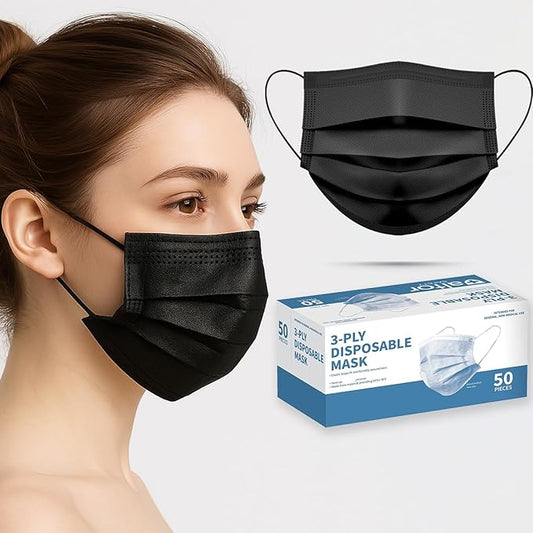 50 Pack Black Disposable Face Mask for Adults, Fashion 3-Ply Breathable Earloop Full Face Protection for Women & Men