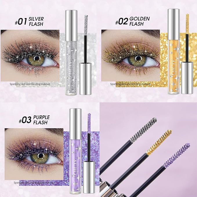 3PCS Glitter Mascara for Eyelashes,Waterproof Long Lasting Silver Gold Purple Color Diamond Sparkly Mascara, Lengthening Volumizing Colorful,Party Wedding Stage Use Halloween Christmas Makeup