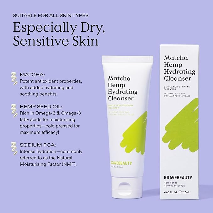 KraveBeauty Matcha Hemp Hydrating Cleanser - Daily Gentle Non-Stripping Face Wash Enriched with Matcha and Hemp Seed Oil, for All Skin Types, Vegan and Cruelty Free, 4.05 fl oz