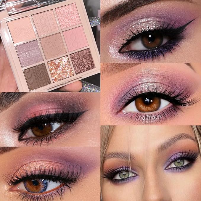 AMY'S DIARY Matte Shimmer Pink Eye Shadow Palette Makeup,Eyeshadow Long Lasting Waterproof Cruelty-Free, 9 Blendable Shades in Smooth Matte and Shimmer Finishes with Gorgeous Pearls for Girls (16#)