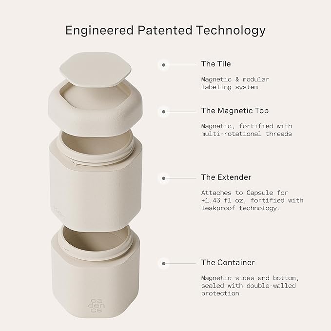 Cadence Travel Containers - Full Skincare Set - Magnetic Containers with Lids,Carry On Travel Essentials For Women/Men - 2 Small (0.56oz), 4 Medium Capsules (1.32oz), & Extender (1.43oz) - Sand