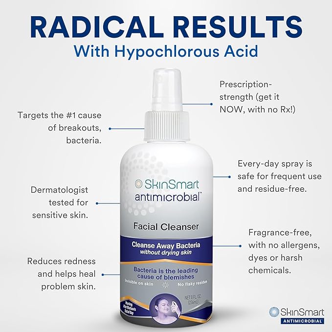 SkinSmart Antimicrobial Facial Cleanser for Breakouts & Blemishes; Hypochlorous Acid Formula Targets Bacteria to Reduce Skin Irritation and Flush Pores Clean, 8 oz Spray, All Ages & All Skin Types