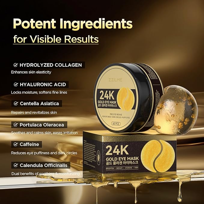 24k Gold Under Eye Patches - Firming, Glowing & Hydrating Hydrogel Mask for Puffy Eyes, Dark Circles, Wrinkles, Eye Bags Treatment, Gifts for Women and Men, 60Pcs Black