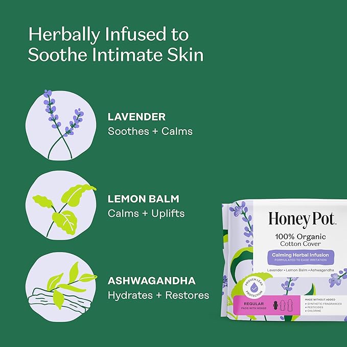 Honey Pot 100% Organic Cotton Cover Calming Herbal Infusion Regular Pads, 20 Count